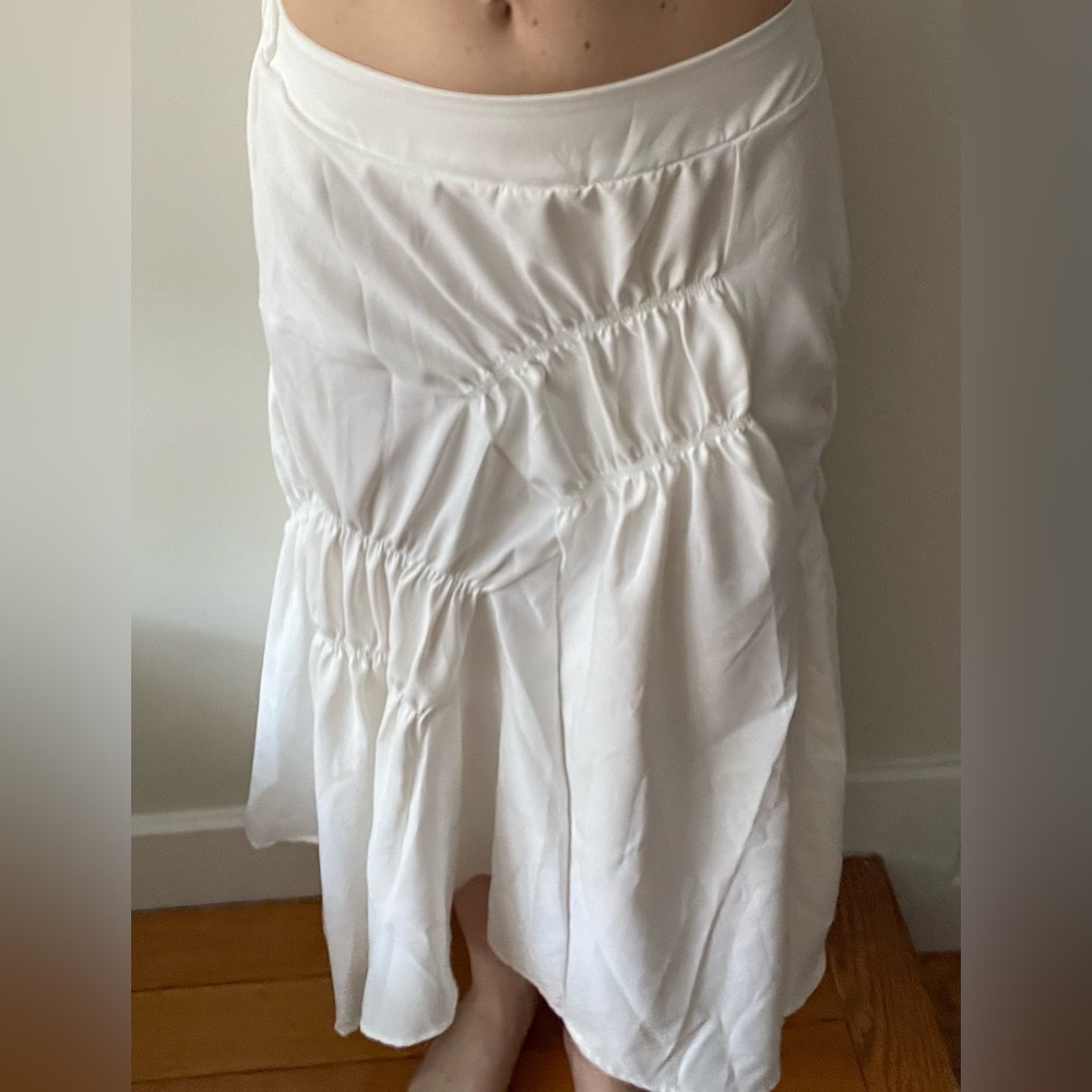 White flowy ruched midi skirt